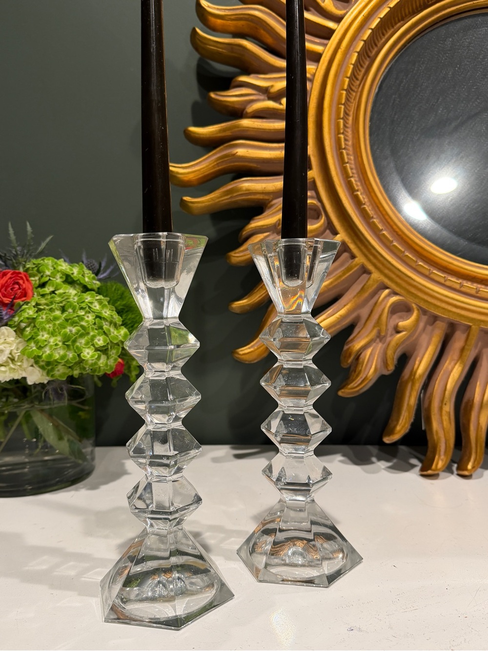 Godinger Clear Faceted Crystal Taper Candlestick Pair